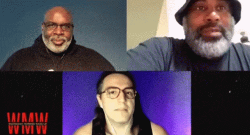 A Group Of Men Are Having A Video Call With The Word Nirvana On The Bottom Left Corner GIF