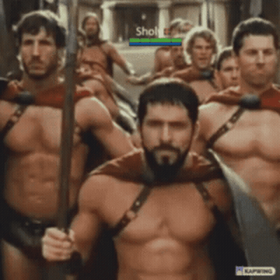 A Group Of Men Are Holding Swords And Shields With The Name Shoha On The Top Left GIF