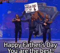 A Group Of Men Are Holding Up A Sign That Says " Mega Dad Of The Year " GIF