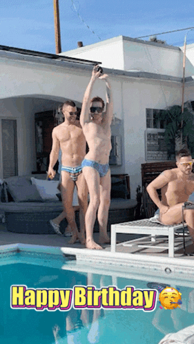 A Group Of Men Are Jumping Into A Swimming Pool With The Words Happy Birthday On The Bottom GIF