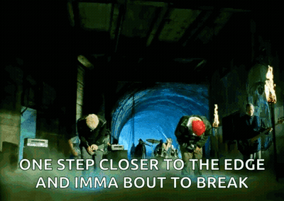 A Group Of Men Are Playing Instruments In A Dark Tunnel With The Words One Step Closer To The Edge And Imma Bout To Brea GIF