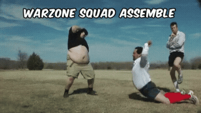 A Group Of Men Are Playing Soccer In A Field With The Words Warzone Squad Assemble GIF