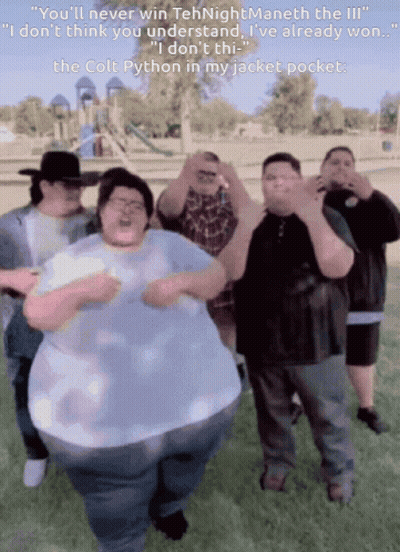A Group Of Men Are Posing For A Picture With A Caption That Says " You 'Ll Never Win Tehnightmaneth The Iiii " GIF