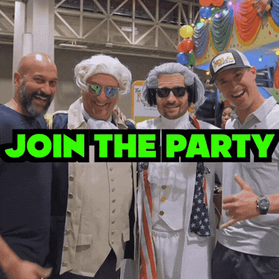 A Group Of Men Are Posing For A Picture With The Words Join The Party Written Above Them GIF