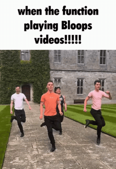 A Group Of Men Are Running In Front Of A Building With The Caption When The Function Playing Bloops Videos !!! GIF