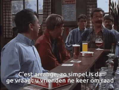A Group Of Men Are Sitting At A Bar With A Sign That Says Roman On It GIF