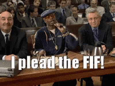 A Group Of Men Are Sitting At A Table With The Words " I Plead The Fif " Written On It GIF