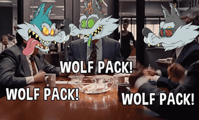 A Group Of Men Are Sitting At A Table With Wolf Pack Written On The Bottom GIF
