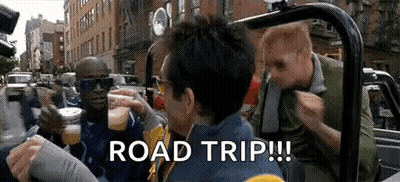 A Group Of Men Are Sitting In A Car Drinking Beer And Talking . GIF
