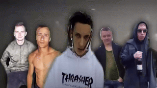 A Group Of Men Are Standing Around A Man Wearing A Thrasher Sweatshirt . GIF