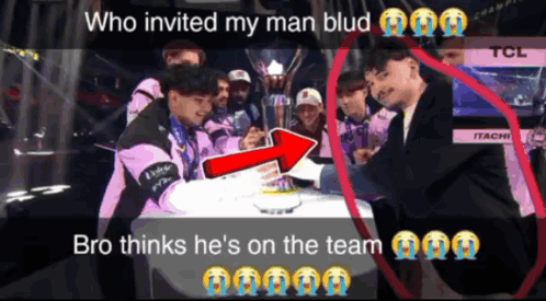 A Group Of Men Are Standing Around A Table With The Caption Who Invited My Man Blud GIF
