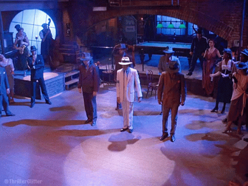 Men Dancing In Room With Pool Table And Thriller Glitter GIF
