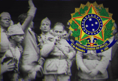 A Group Of Men Are Standing In Front Of A Banner That Says Estados Unidos Do Brasil GIF
