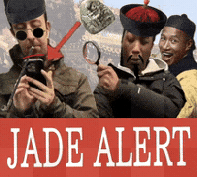 A Group Of Men Are Standing In Front Of A Sign That Reads Jade Alert GIF