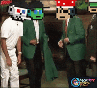 A Group Of Men Are Standing Next To Each Other With Monkey Baby Written On The Bottom GIF
