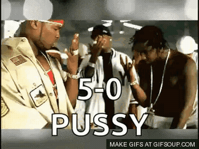 A Group Of Men Are Standing Next To Each Other With The Words 5-0 Pussy Written On The Bottom GIF