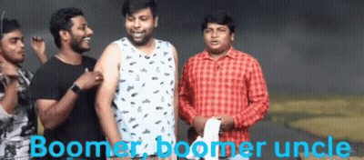 A Group Of Men Are Standing Next To Each Other With The Words Boomer Boomer Uncle Written In Blue . GIF