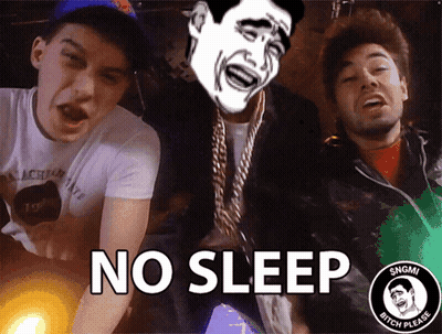 A Group Of Men Are Standing Next To Each Other With The Words No Sleep Written On The Bottom GIF