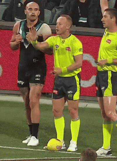 A Group Of Men Are Standing On A Soccer Field With A Referee Holding A Soccer Ball . GIF