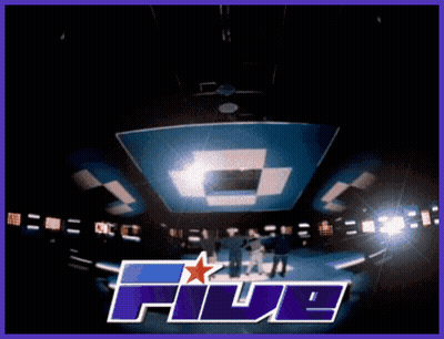 A Group Of Men Are Standing On A Stage In Front Of A Sign That Reads Five GIF