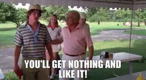 A Group Of Men Are Standing Under A Tent On A Golf Course . One Of The Men Is Holding A Golf Club . GIF