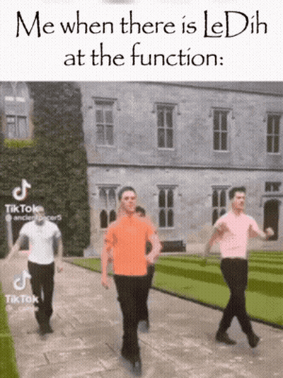 A Group Of Men Are Walking In Front Of A Building With The Caption Me When There Is Le Dih At The Function GIF