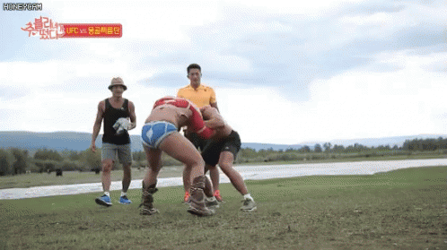 A Group Of Men Are Wrestling In A Field With The Words Ufc On The Top GIF