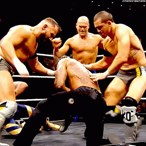 A Group Of Men Are Wrestling In A Ring And One Of Them Is Wearing A Pair Of Shoes That Say Ko GIF