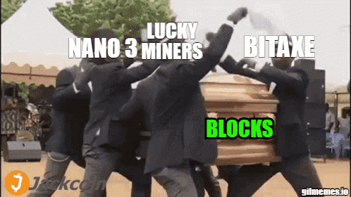 A Group Of Men Carrying A Coffin With The Words Nano 3 Miners And Bitaxe Blocks GIF