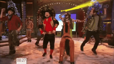 A Group Of Men Dressed In Cowboy Costumes Are Dancing On A Stage With A Sign That Says 00:27 GIF