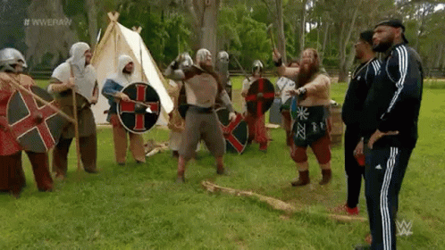 A Group Of Men Dressed Up As Vikings Are Standing In A Field . GIF