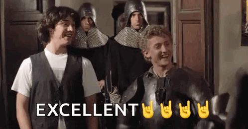 A Group Of Men In Armor Are Standing Next To Each Other And The Word Excellent Is Written On The Bottom . GIF
