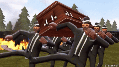 A Group Of Men In Black Suits Are Carrying A Wooden Coffin With The Letters J And L On It GIF