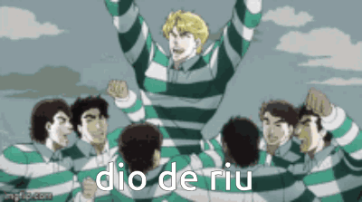 A Group Of Men In Green And White Striped Shirts Are Standing Around A Man In A Striped Shirt . GIF