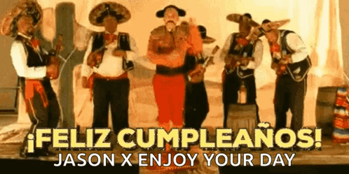 A Group Of Men In Mexican Costumes Are Playing Instruments And Singing A Birthday Song . GIF