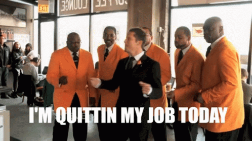 A Group Of Men In Orange Suits Are Dancing And One Of Them Says " I 'M Quittin My Job Today " GIF