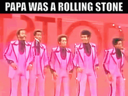 A Group Of Men In Pink Suits Stand In Front Of Microphones With Papa Was A Rolling Stone Written On The Bottom GIF
