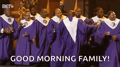 A Group Of Men In Purple Robes Are Singing And Dancing And The Caption Says Good Morning Family GIF