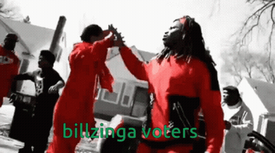 A Group Of Men In Red Jumpsuits Are Giving Each Other A High Five With The Words Billzinga Voters Written In Green GIF