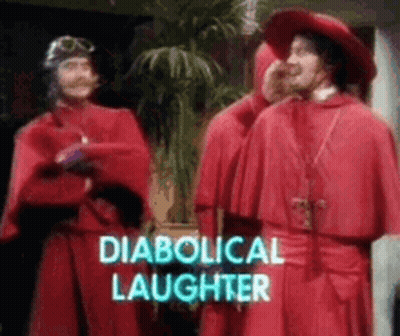 A Group Of Men In Red Robes Are Standing Next To Each Other With The Words Diabolical Laughter Written On The Bottom . GIF