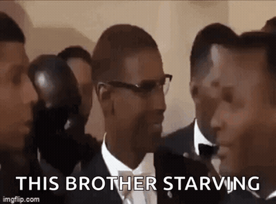 A Group Of Men In Suits And Bow Ties Are Standing Next To Each Other And One Of Them Is Saying `` This Brother Starving  GIF