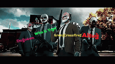 A Group Of Men In Suits And Masks Are Standing Next To Each Other With The Words " Who Is Your Dogukan " Written In Red GIF