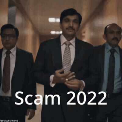 A Group Of Men In Suits And Ties Are Walking Down A Hallway With The Words Scam 2022 Written On The Bottom GIF