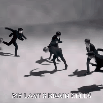 A Group Of Men In Suits Are Dancing On A White Surface With The Words `` My Last 8 Brain Cells '' . GIF