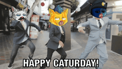 A Group Of Men In Suits Are Dancing With The Words Happy Saturday Below Them GIF