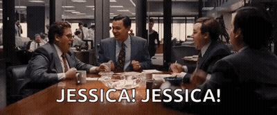 A Group Of Men Sitting Around A Table With The Words Jessica Jessica Written On The Screen GIF