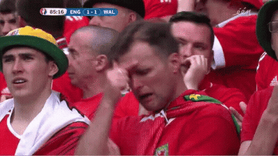 A Group Of Men Sitting In A Stadium Watching A Soccer Game Between Wales And England GIF