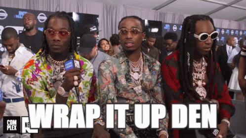 A Group Of Men Sitting Next To Each Other With Wrap It Up Den Written On The Bottom GIF