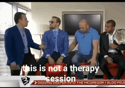 A Group Of Men Sitting On A Couch With The Words " This Is Not A Therapy Session " On The Bottom GIF