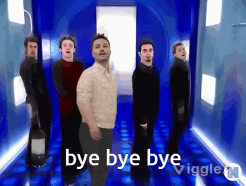 A Group Of Men Standing In A Hallway With The Words Bye Bye Bye Written On The Bottom GIF